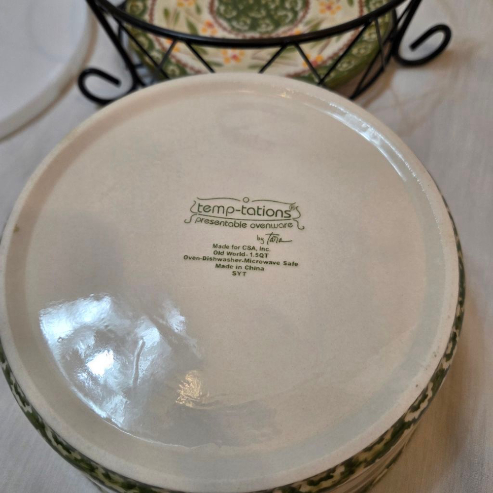 Temp-tations Old World Green Cream 1.5QT Serveware Bowl w/ Lid, Stand & trivet - Picture 7 of 9